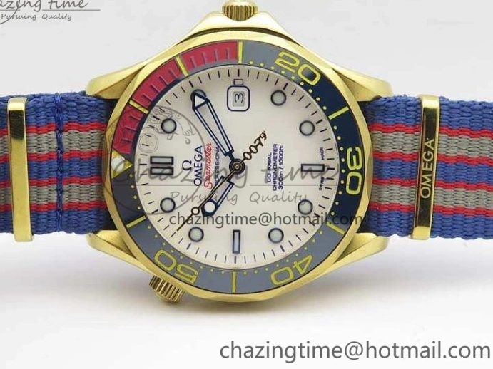 0327 Modern Seamaster 300M 007 YG URF 1:1 Best Edition White Dial Ceramic Bezel On Nylon Strap A 8115